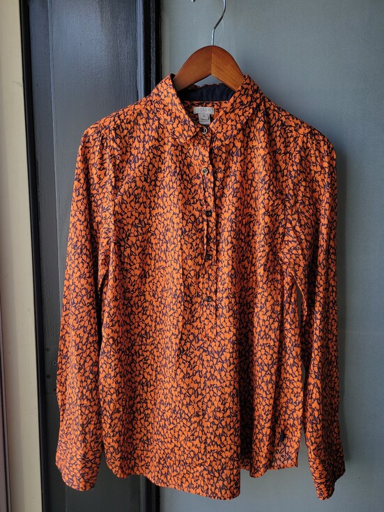 J. Crew Tops - J Crew Factory Blue & Orange Floral Print Blouse Size Med Long Sleeve Collard